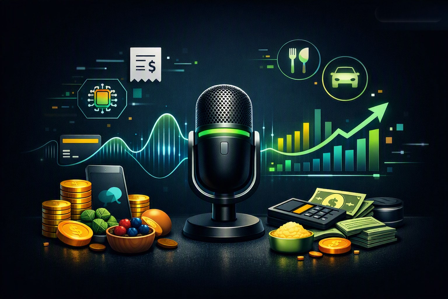 Microfone, onda sonora e gráfico de gastos