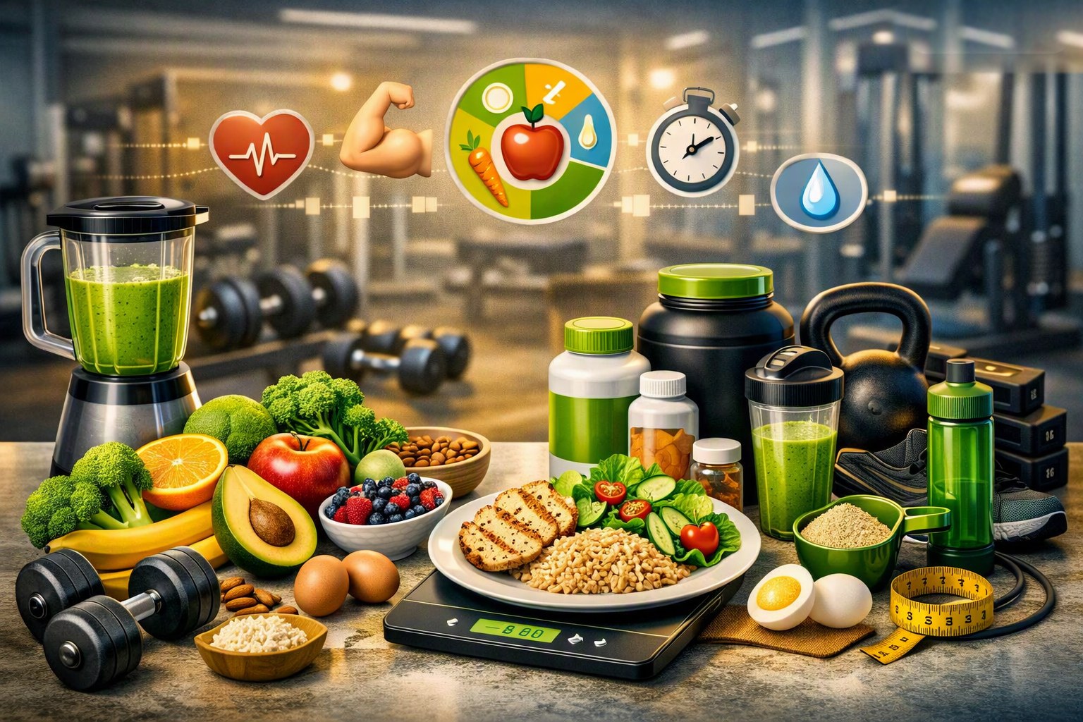 Alimentos, suplementos e equipamentos de treino
